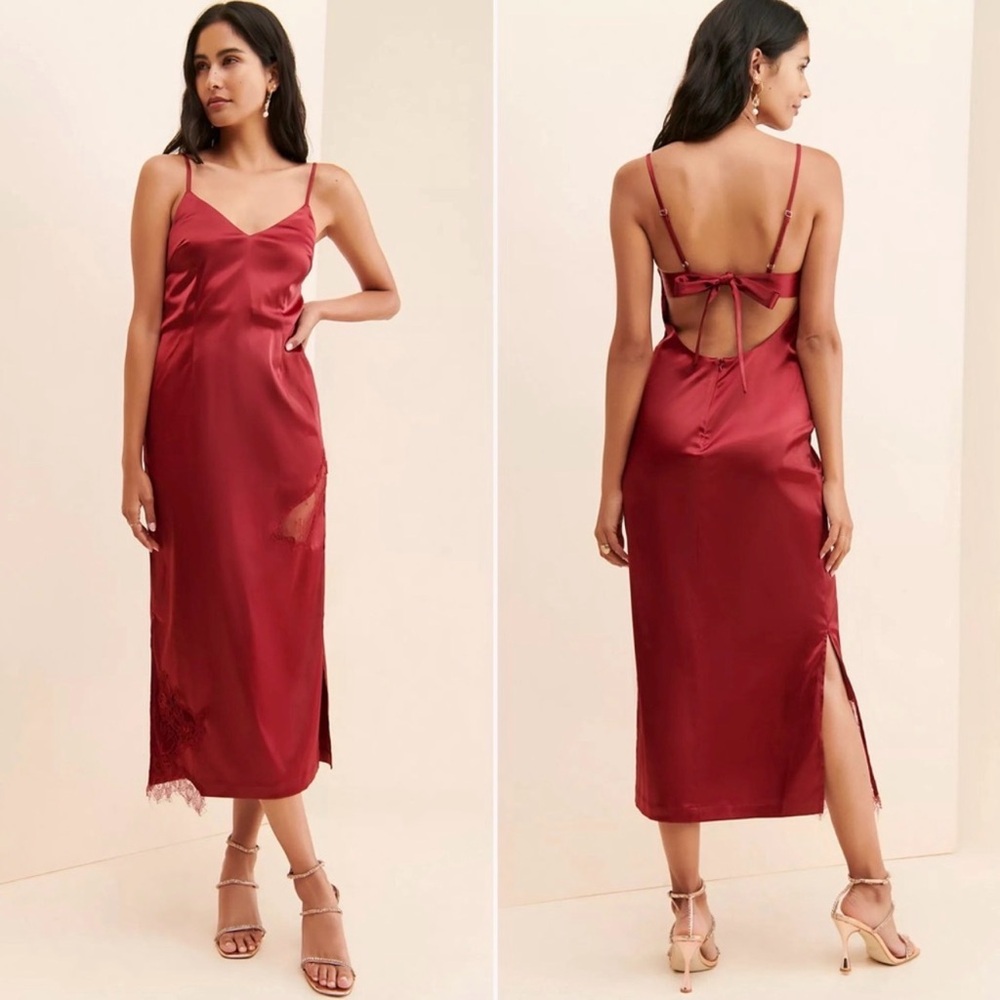 Backless Satin Slip Midi Dress in Wine